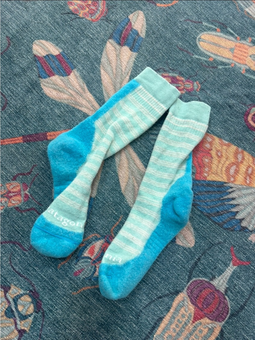Patagonia Light Blue Striped Performance hiking Socks 65% merino wool